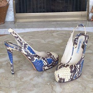 Brian Atwood Slingback Platform Stiletto Heels Snakeskin Leather